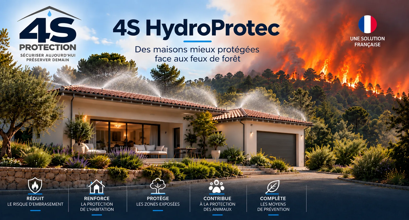 Maison équipée du système HydroProtec de protection active face aux feux de forêt